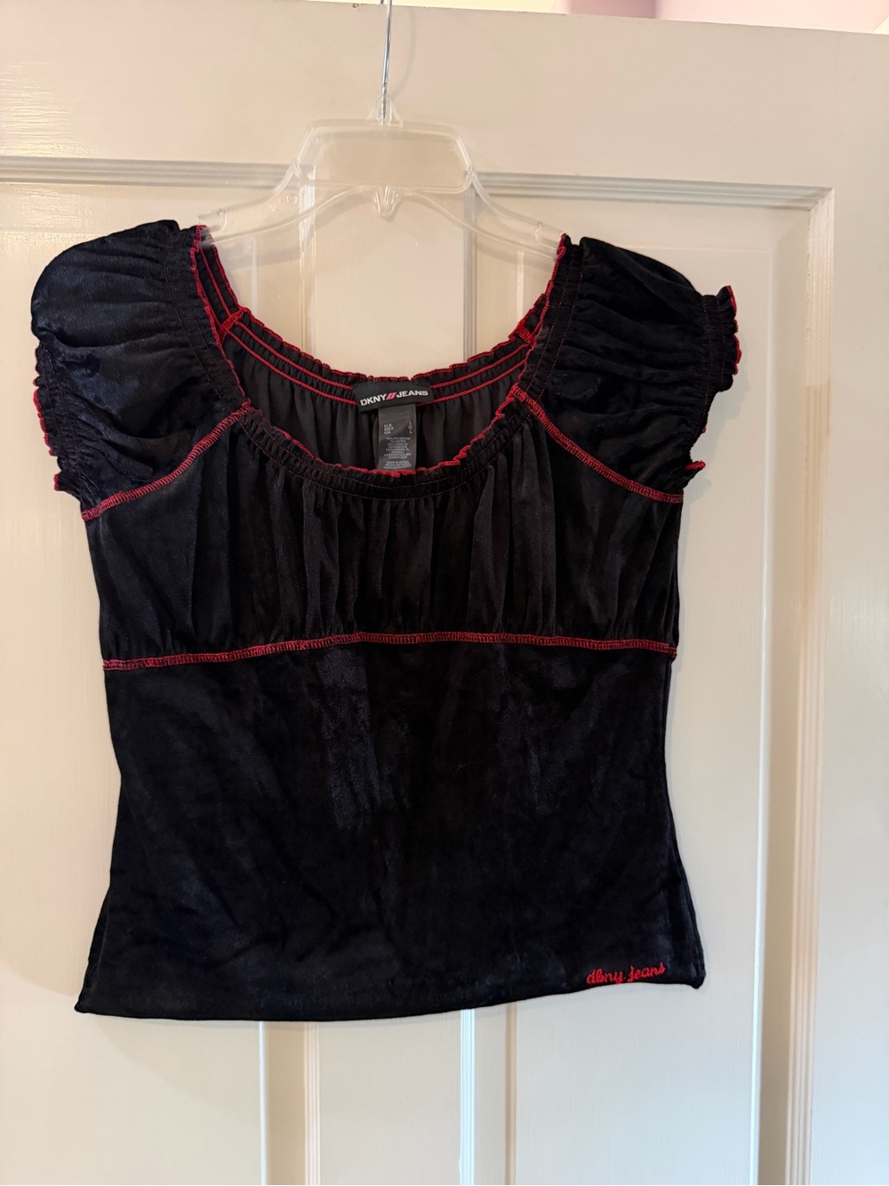 DKNY Jeans Black Velvet Top with Red Contrast Stitching - Size L